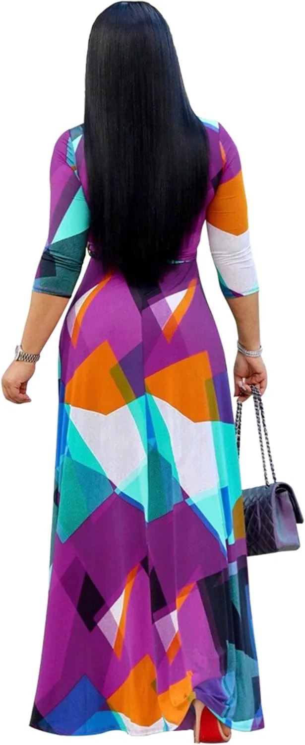 FANDEE Plus Size Maxi Dress for Women Casual Summer Sundress V-Neck 3/4 Sleeve