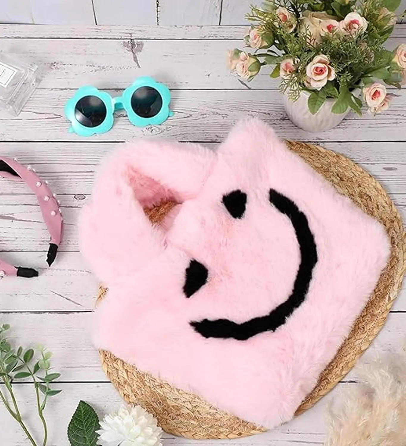 Faux Fur Fuzzy Happy Face Purse - Trendy Girls Accessory Crossbody Bag with Chain Strap Soft Secure Snap Closure