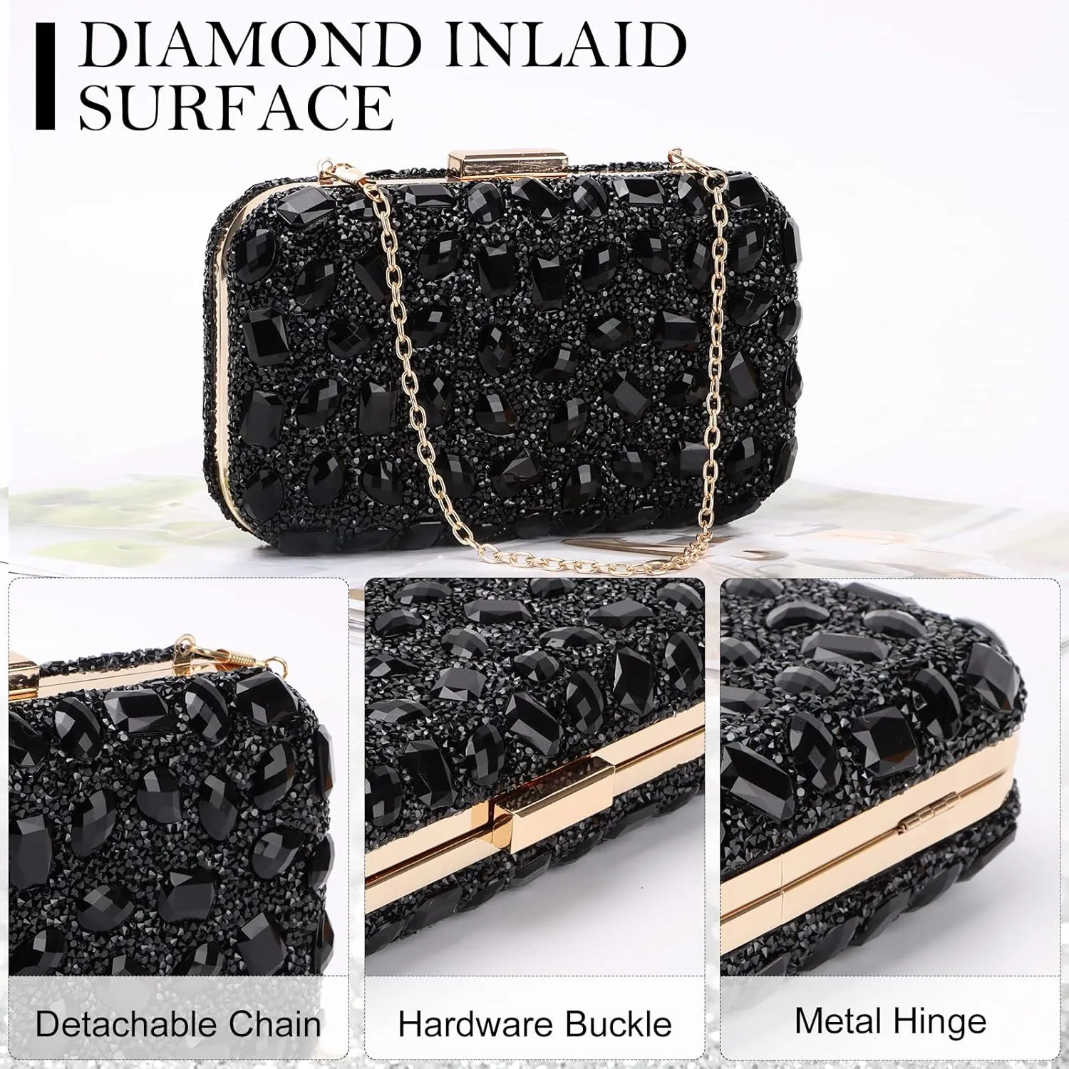 Fecialy Clutch Purses For Women Crystal Evening Bag Gemstone Handbag Formal Rhinestone Purse For Wedding Party