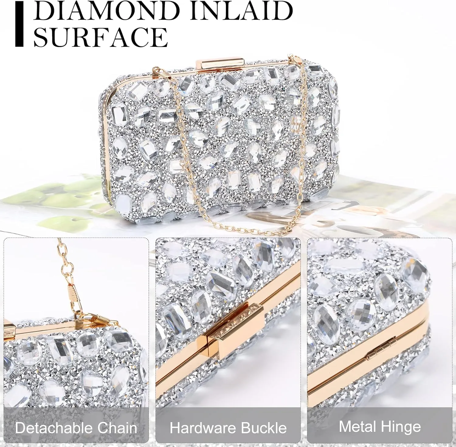 Fecialy Clutch Purses For Women Crystal Evening Bag Gemstone Handbag Formal Rhinestone Purse For Wedding Party