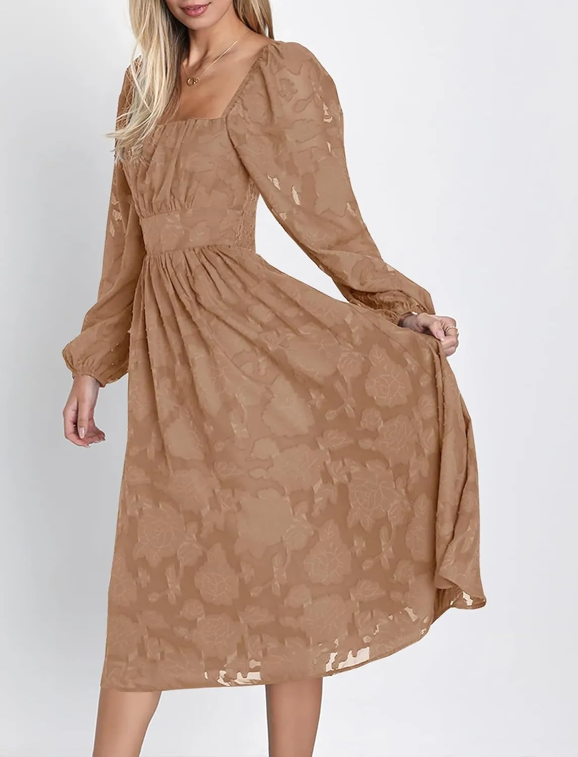 Ferlema Women's 2025 Flormal Dresses Floral Lace Long Sleeve Elastic High Waist A Line Flowy Party Midi Dress