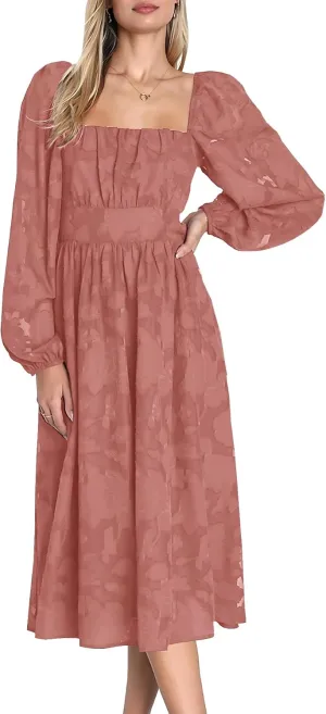 Ferlema Women's 2025 Flormal Dresses Floral Lace Long Sleeve Elastic High Waist A Line Flowy Party Midi Dress