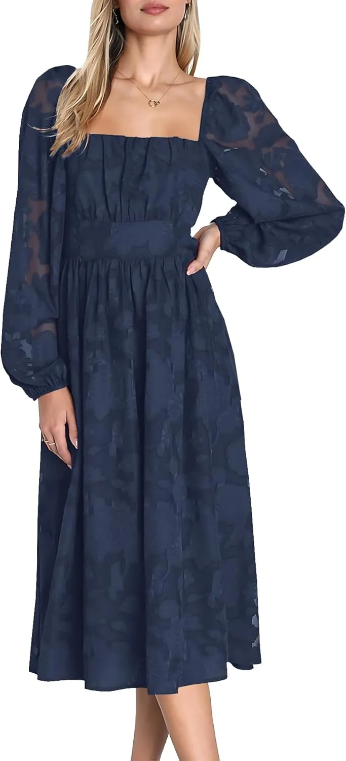Ferlema Women's 2025 Flormal Dresses Floral Lace Long Sleeve Elastic High Waist A Line Flowy Party Midi Dress