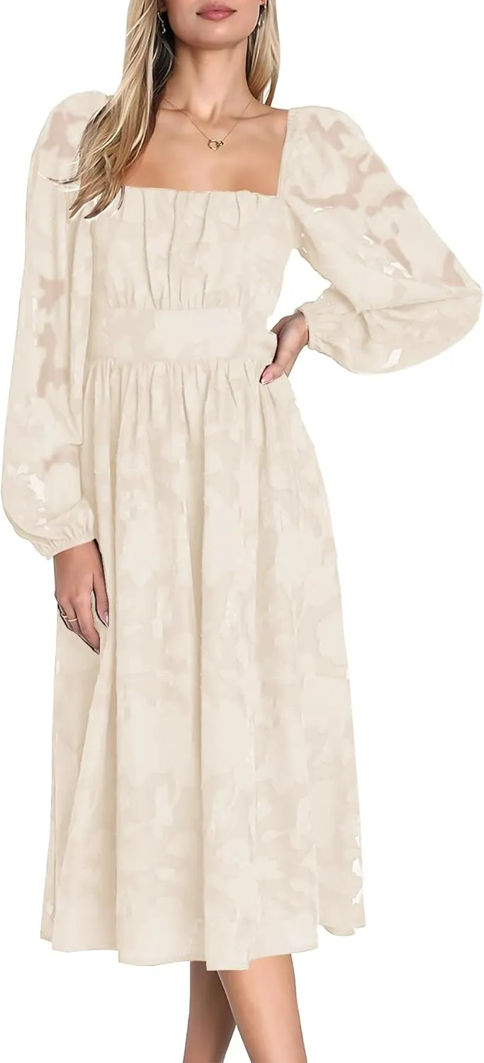 Ferlema Women's 2025 Flormal Dresses Floral Lace Long Sleeve Elastic High Waist A Line Flowy Party Midi Dress