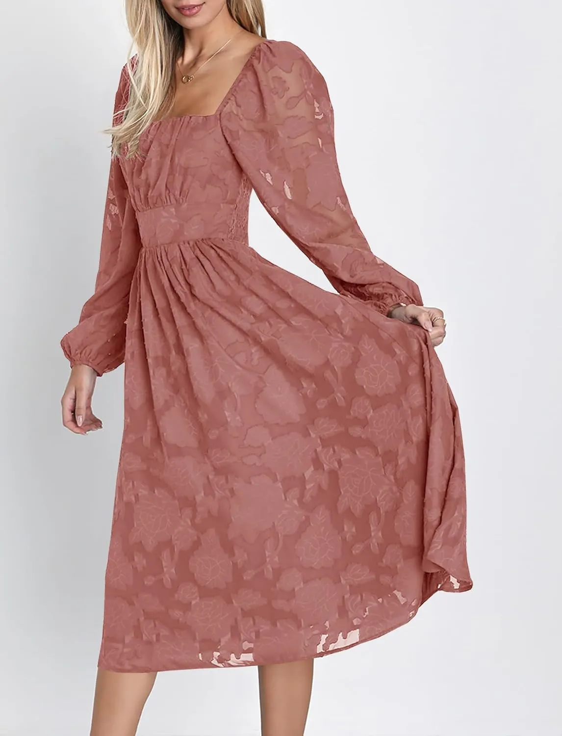 Ferlema Women's 2025 Flormal Dresses Floral Lace Long Sleeve Elastic High Waist A Line Flowy Party Midi Dress