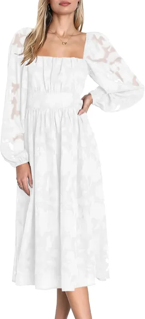 Ferlema Women's 2025 Flormal Dresses Floral Lace Long Sleeve Elastic High Waist A Line Flowy Party Midi Dress