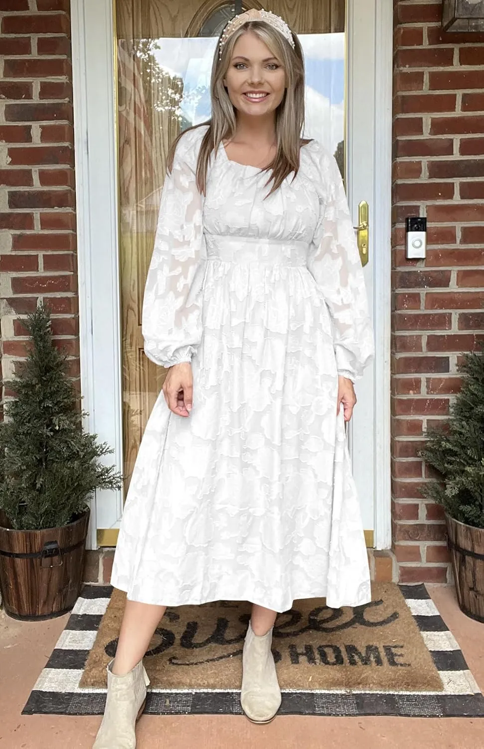 Ferlema Women's 2025 Flormal Dresses Floral Lace Long Sleeve Elastic High Waist A Line Flowy Party Midi Dress