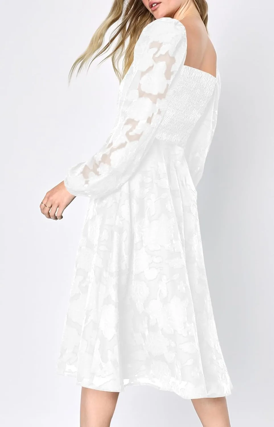 Ferlema Women's 2025 Flormal Dresses Floral Lace Long Sleeve Elastic High Waist A Line Flowy Party Midi Dress