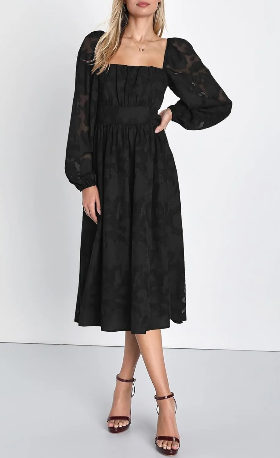 Ferlema Women's 2025 Flormal Dresses Floral Lace Long Sleeve Elastic High Waist A Line Flowy Party Midi Dress