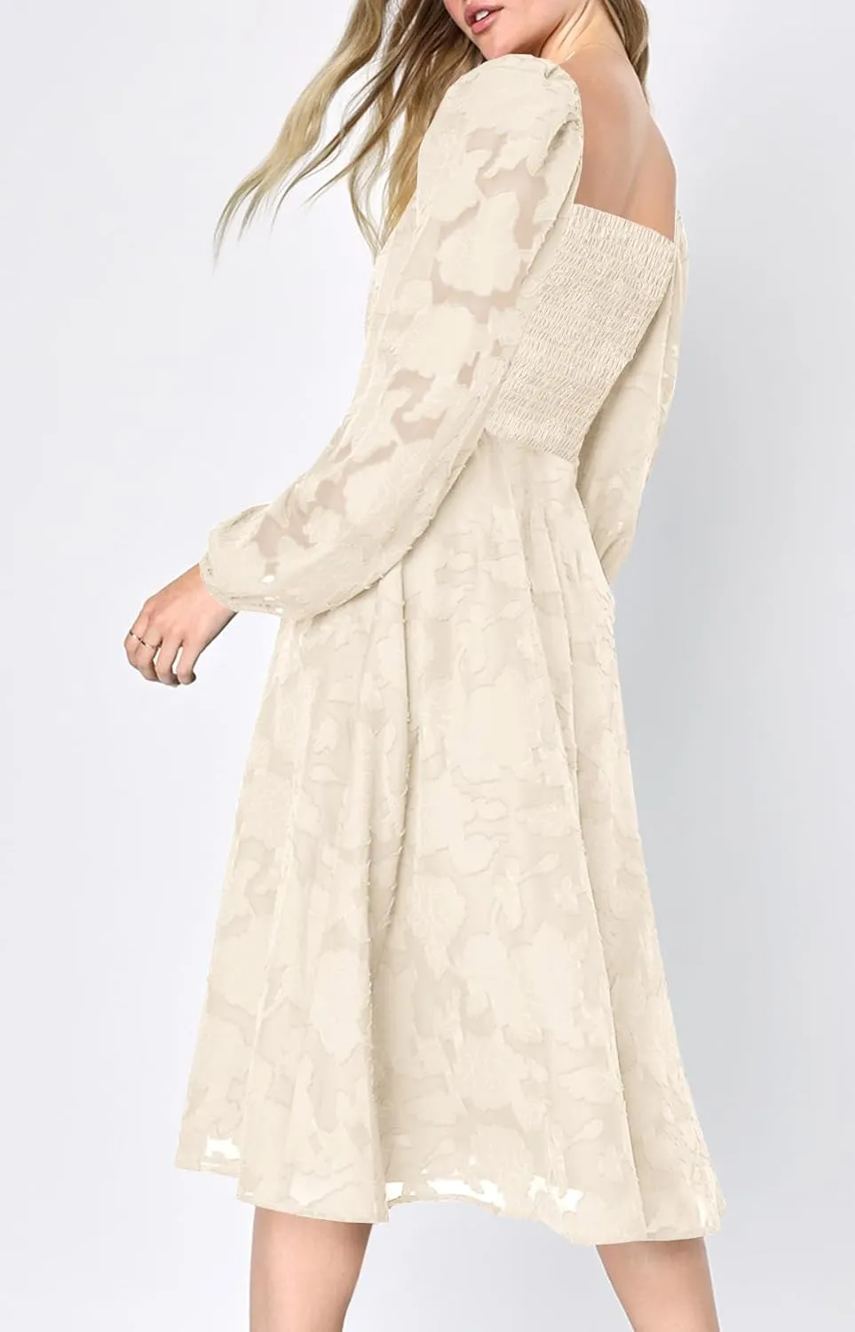 Ferlema Women's 2025 Flormal Dresses Floral Lace Long Sleeve Elastic High Waist A Line Flowy Party Midi Dress