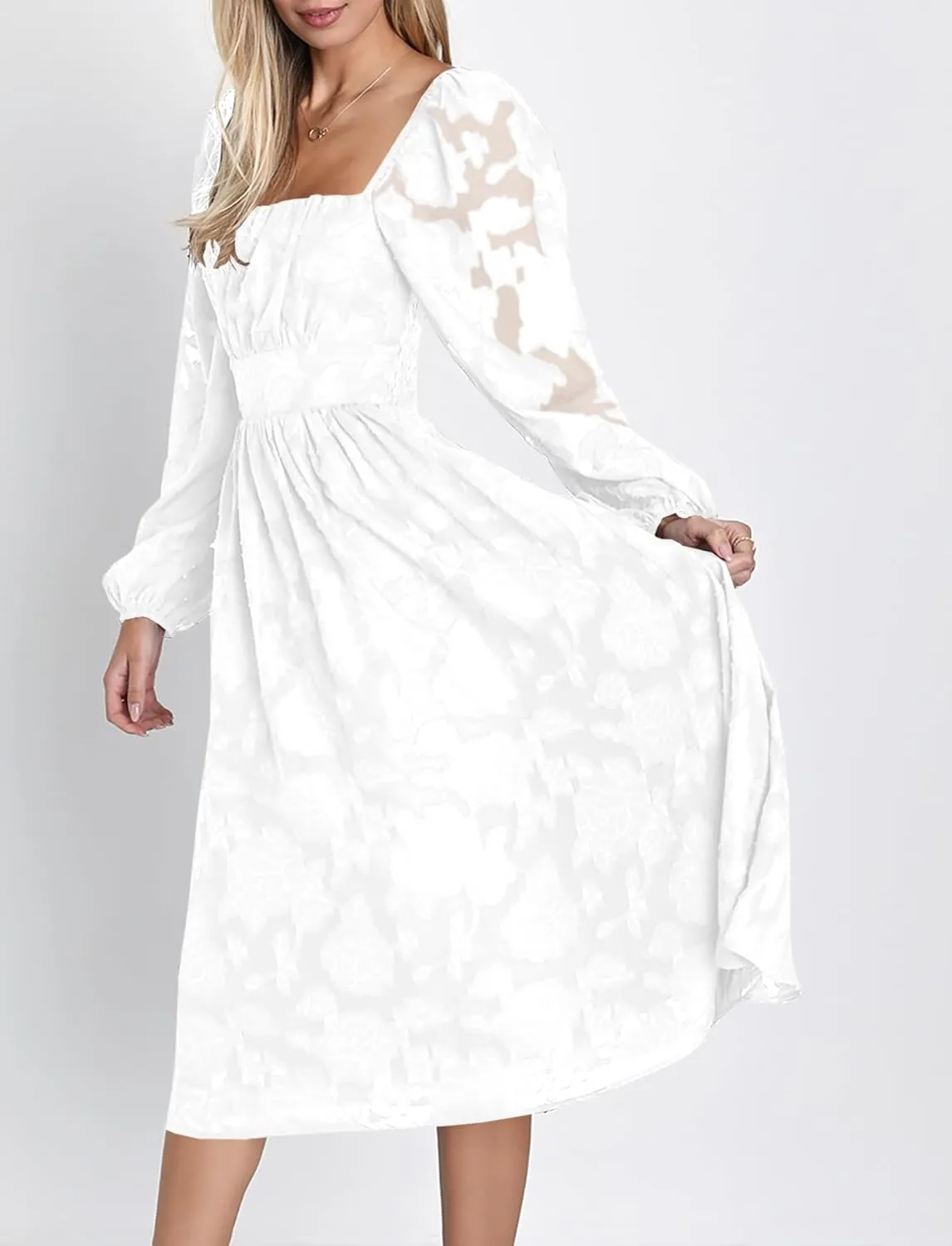 Ferlema Women's 2025 Flormal Dresses Floral Lace Long Sleeve Elastic High Waist A Line Flowy Party Midi Dress