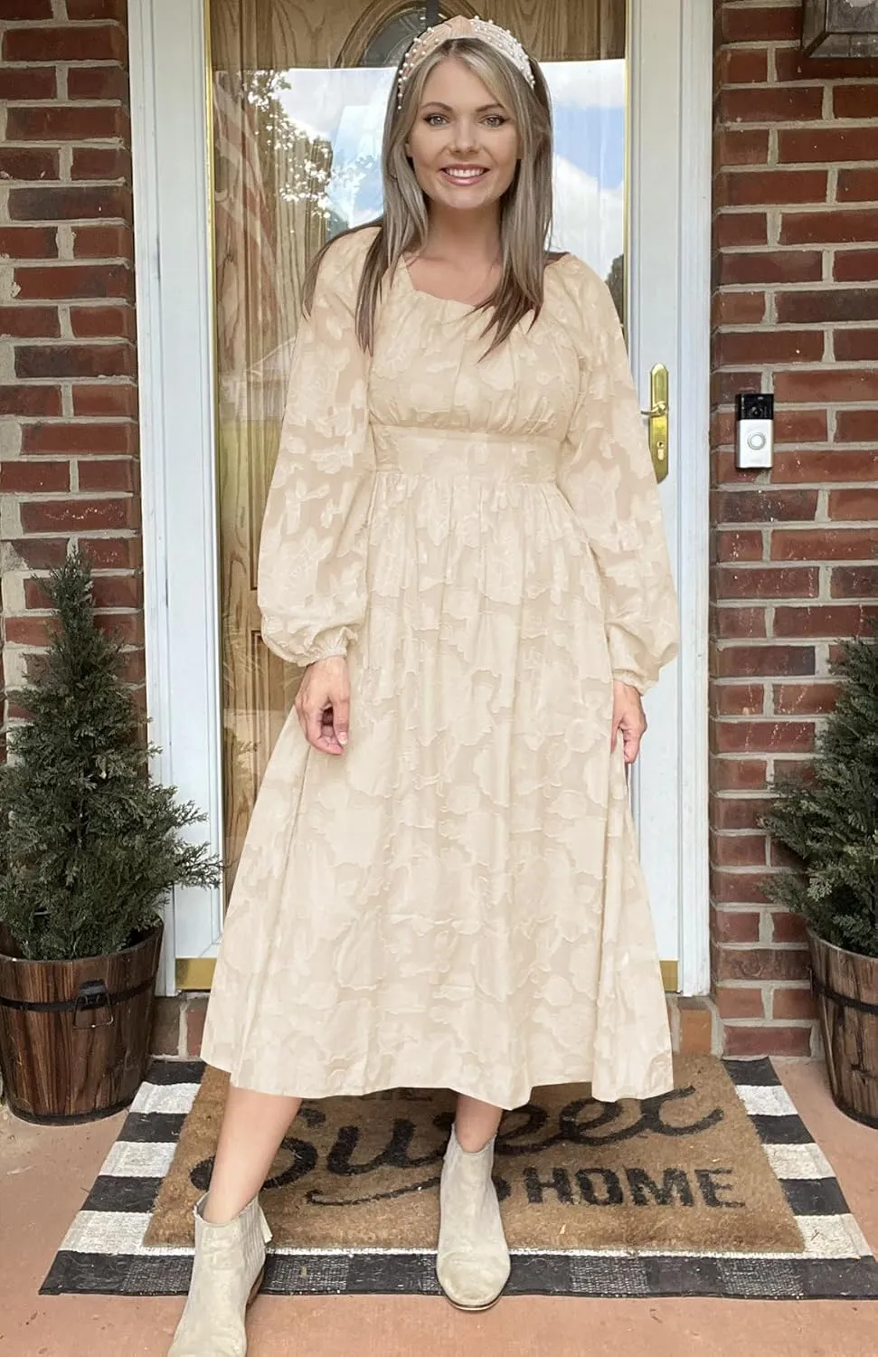 Ferlema Women's 2025 Flormal Dresses Floral Lace Long Sleeve Elastic High Waist A Line Flowy Party Midi Dress