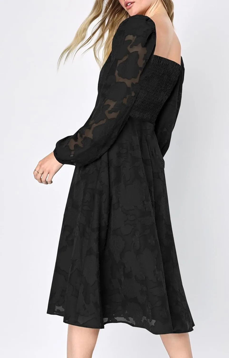 Ferlema Women's 2025 Flormal Dresses Floral Lace Long Sleeve Elastic High Waist A Line Flowy Party Midi Dress