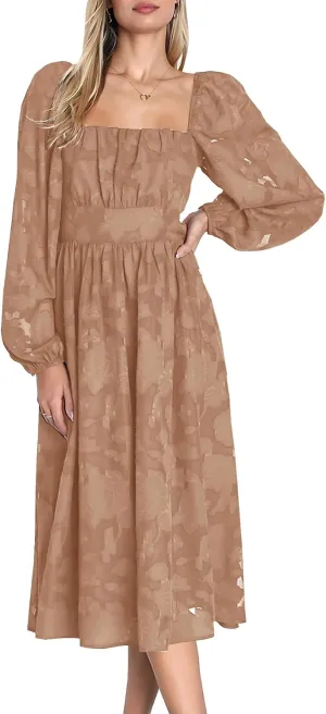 Ferlema Women's 2025 Flormal Dresses Floral Lace Long Sleeve Elastic High Waist A Line Flowy Party Midi Dress