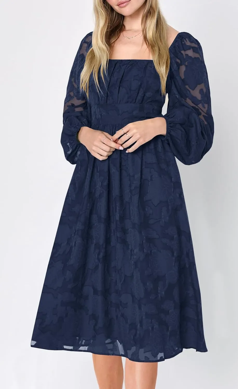 Ferlema Women's 2025 Flormal Dresses Floral Lace Long Sleeve Elastic High Waist A Line Flowy Party Midi Dress
