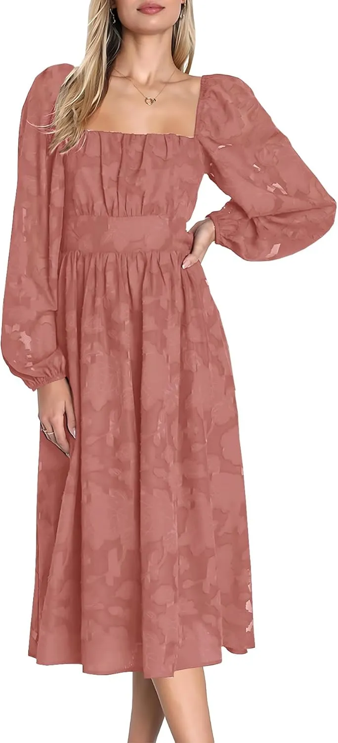 Ferlema Women's 2025 Flormal Dresses Floral Lace Long Sleeve Elastic High Waist A Line Flowy Party Midi Dress