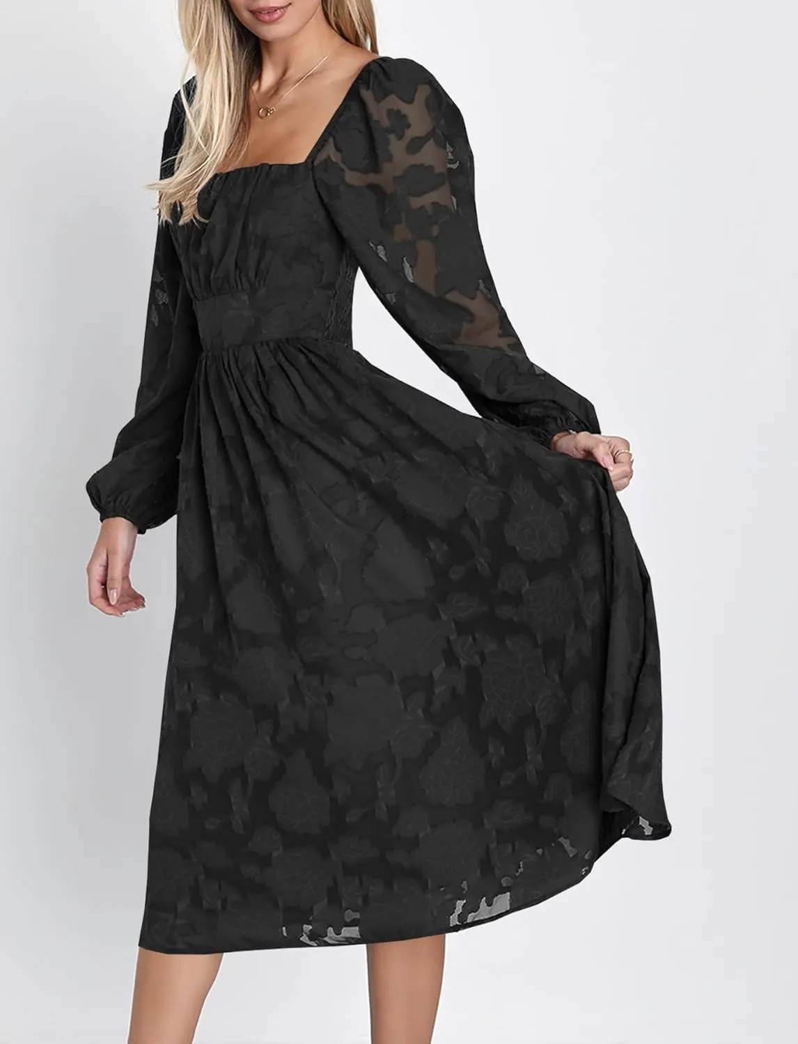 Ferlema Women's 2025 Flormal Dresses Floral Lace Long Sleeve Elastic High Waist A Line Flowy Party Midi Dress