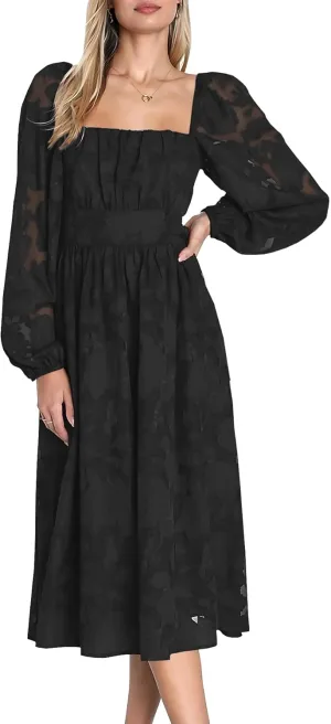 Ferlema Women's 2025 Flormal Dresses Floral Lace Long Sleeve Elastic High Waist A Line Flowy Party Midi Dress