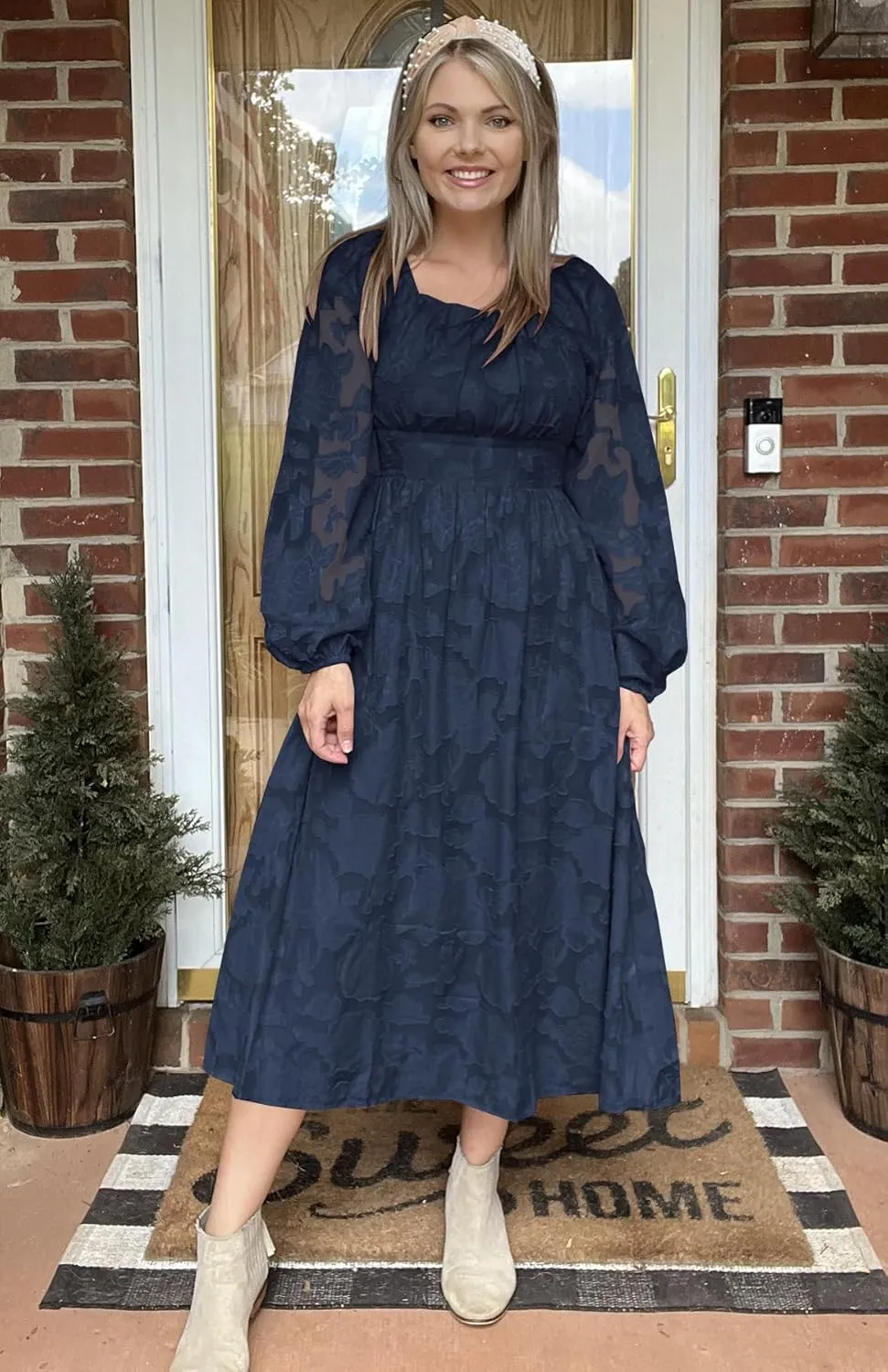 Ferlema Women's 2025 Flormal Dresses Floral Lace Long Sleeve Elastic High Waist A Line Flowy Party Midi Dress