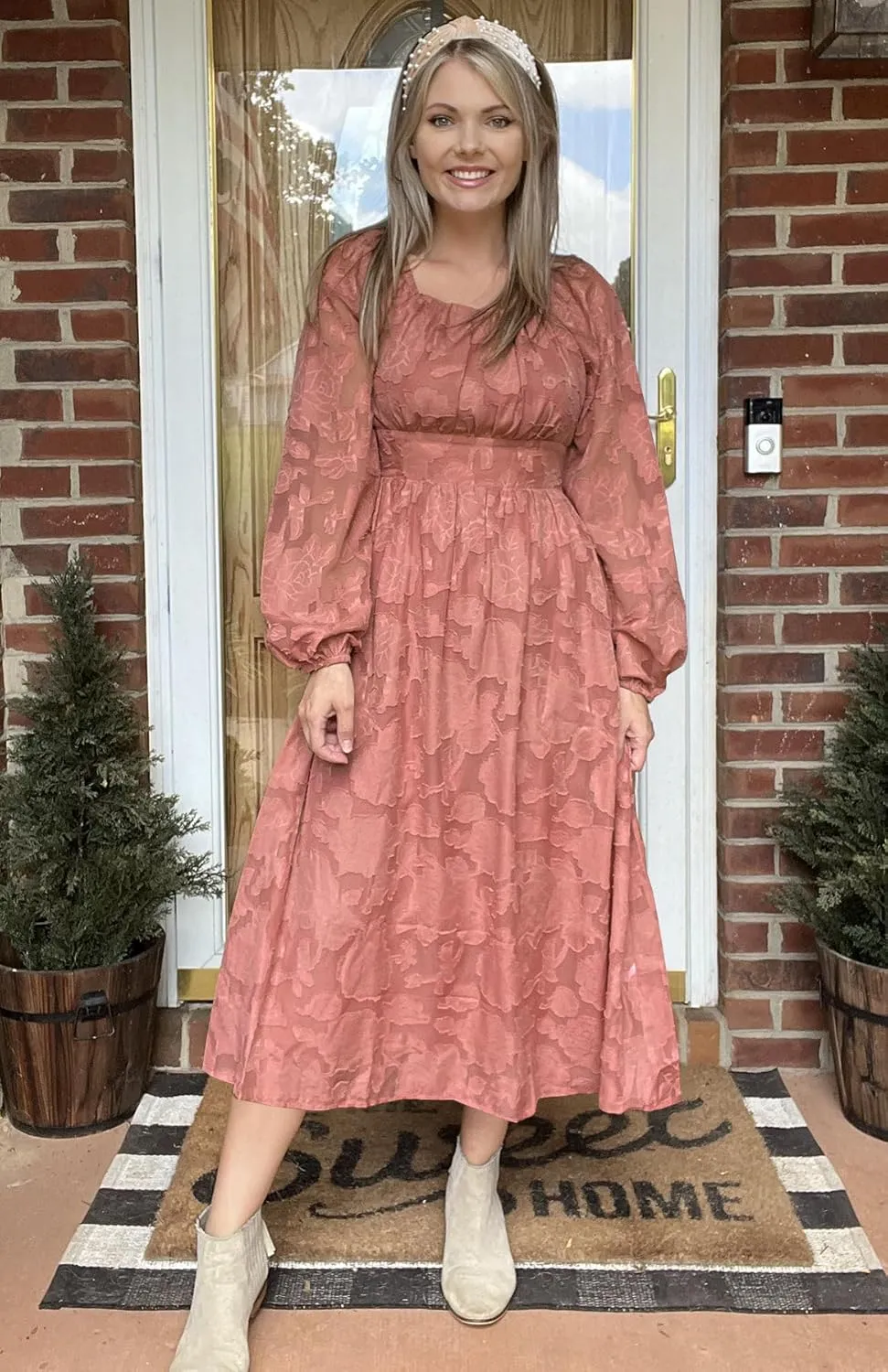 Ferlema Women's 2025 Flormal Dresses Floral Lace Long Sleeve Elastic High Waist A Line Flowy Party Midi Dress