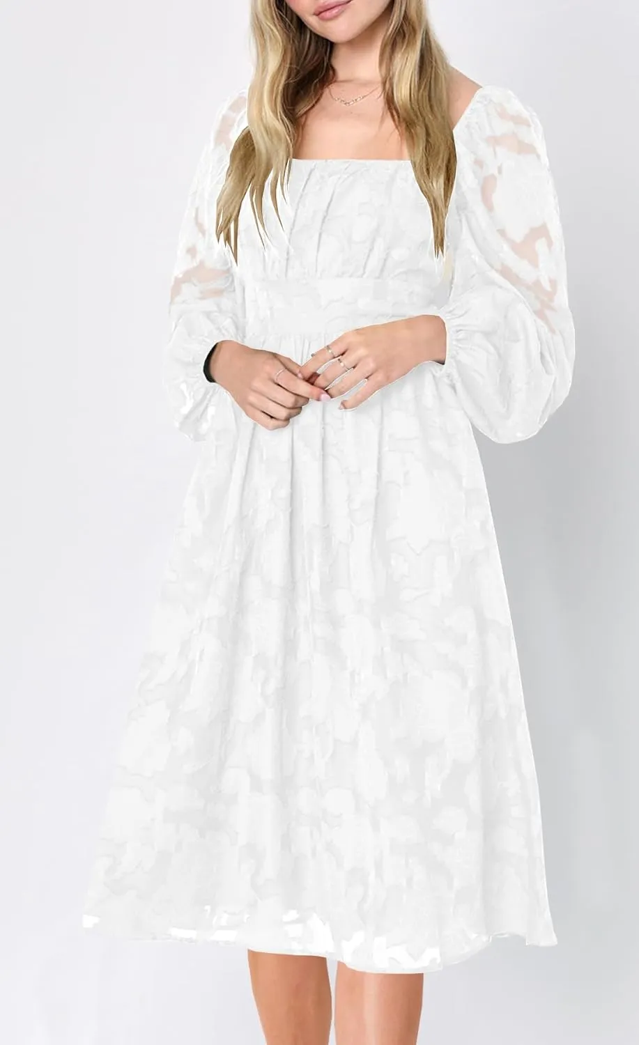 Ferlema Women's 2025 Flormal Dresses Floral Lace Long Sleeve Elastic High Waist A Line Flowy Party Midi Dress
