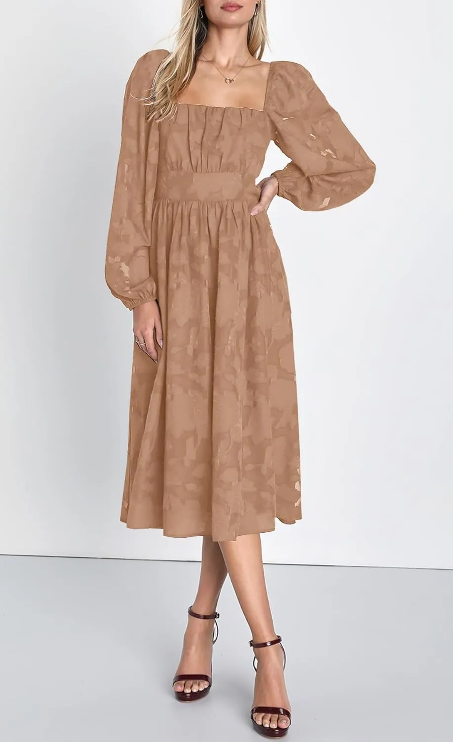 Ferlema Women's 2025 Flormal Dresses Floral Lace Long Sleeve Elastic High Waist A Line Flowy Party Midi Dress