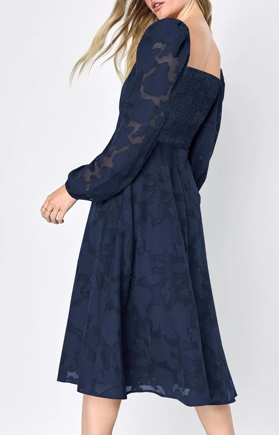Ferlema Women's 2025 Flormal Dresses Floral Lace Long Sleeve Elastic High Waist A Line Flowy Party Midi Dress