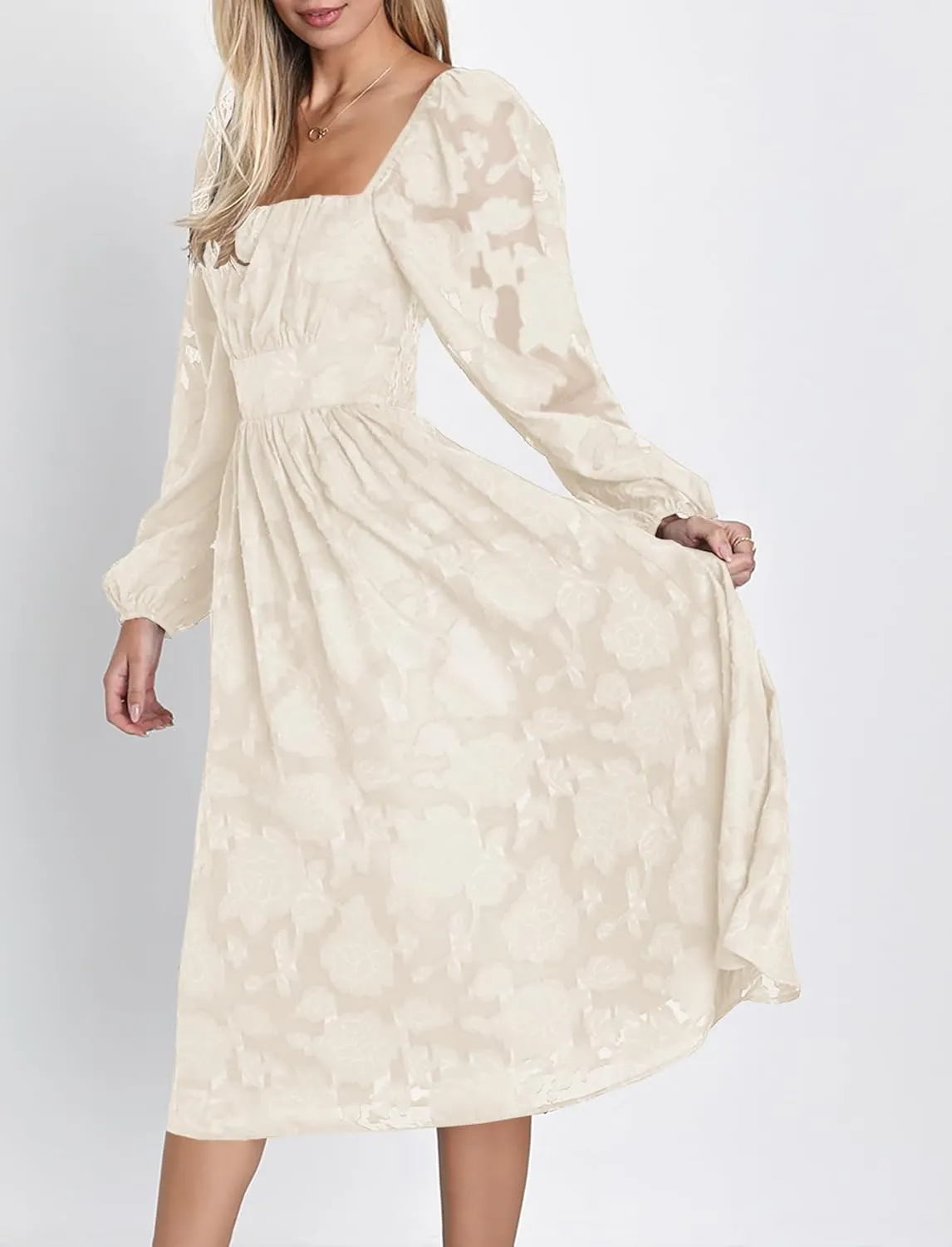 Ferlema Women's 2025 Flormal Dresses Floral Lace Long Sleeve Elastic High Waist A Line Flowy Party Midi Dress