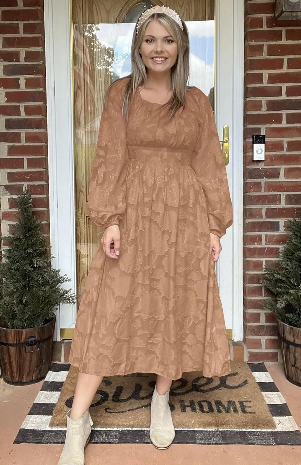 Ferlema Women's 2025 Flormal Dresses Floral Lace Long Sleeve Elastic High Waist A Line Flowy Party Midi Dress