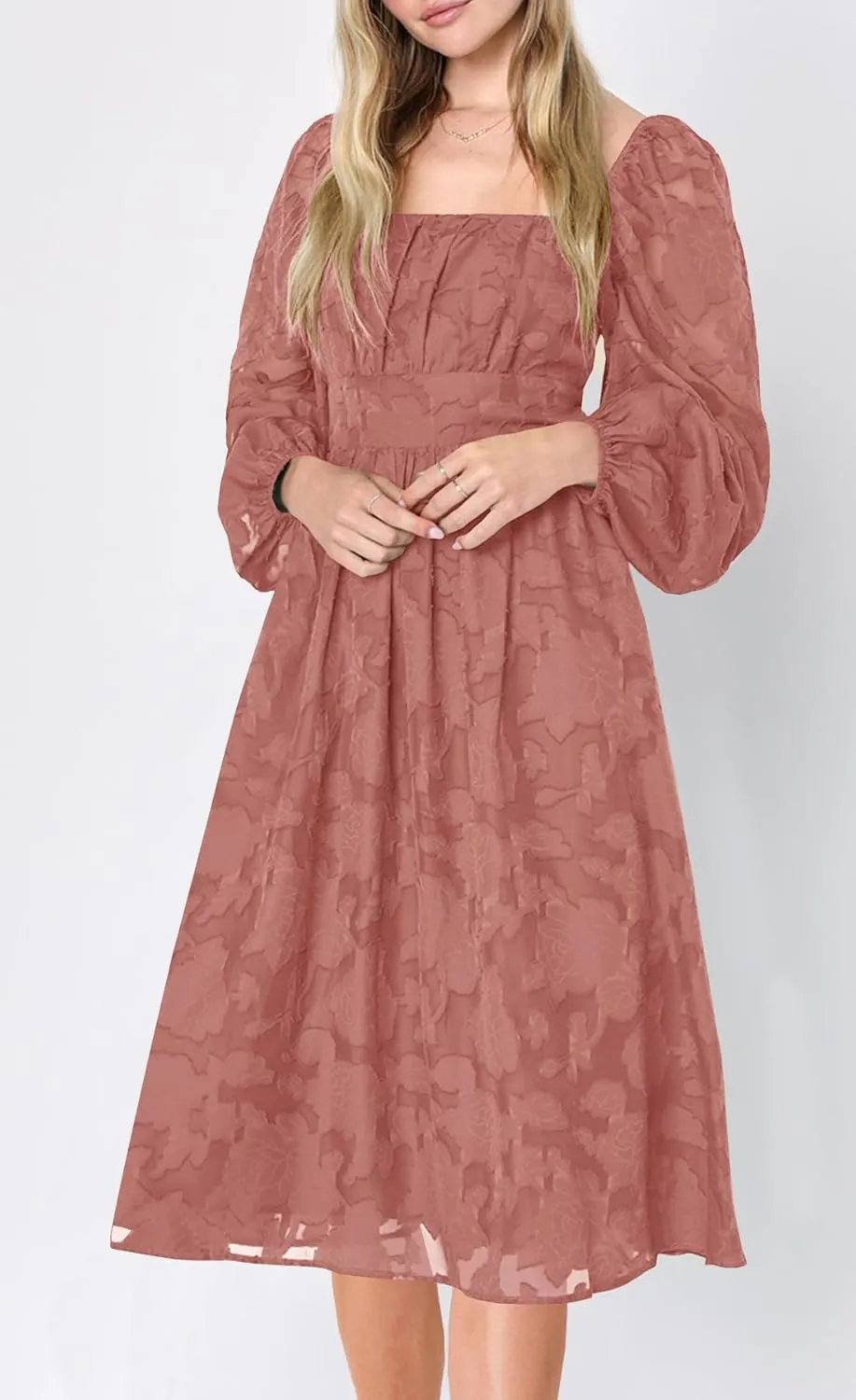 Ferlema Women's 2025 Flormal Dresses Floral Lace Long Sleeve Elastic High Waist A Line Flowy Party Midi Dress
