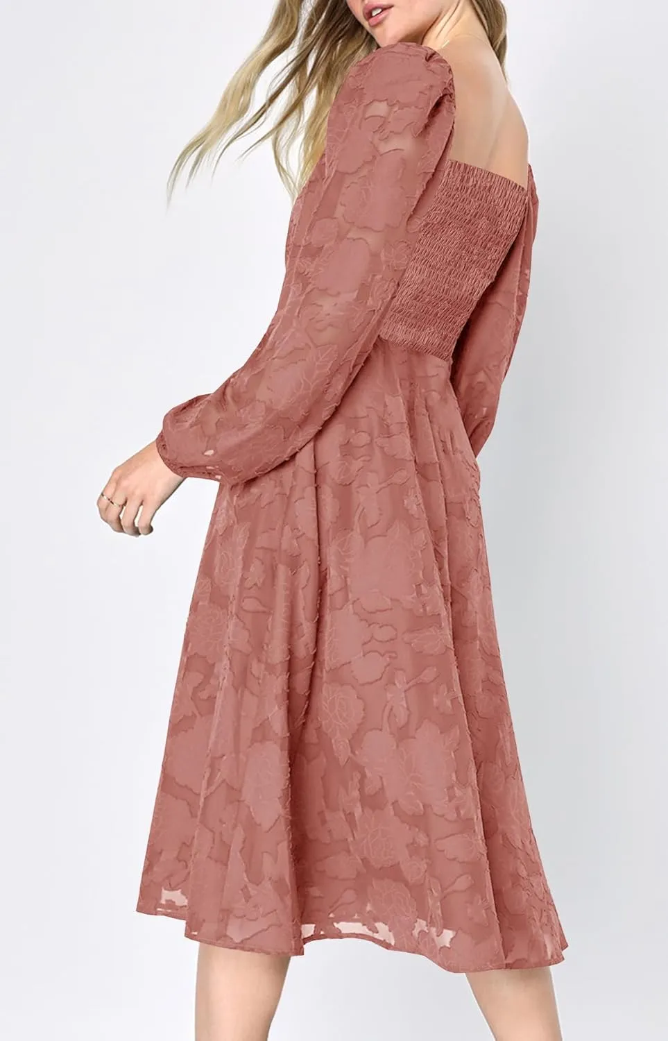 Ferlema Women's 2025 Flormal Dresses Floral Lace Long Sleeve Elastic High Waist A Line Flowy Party Midi Dress