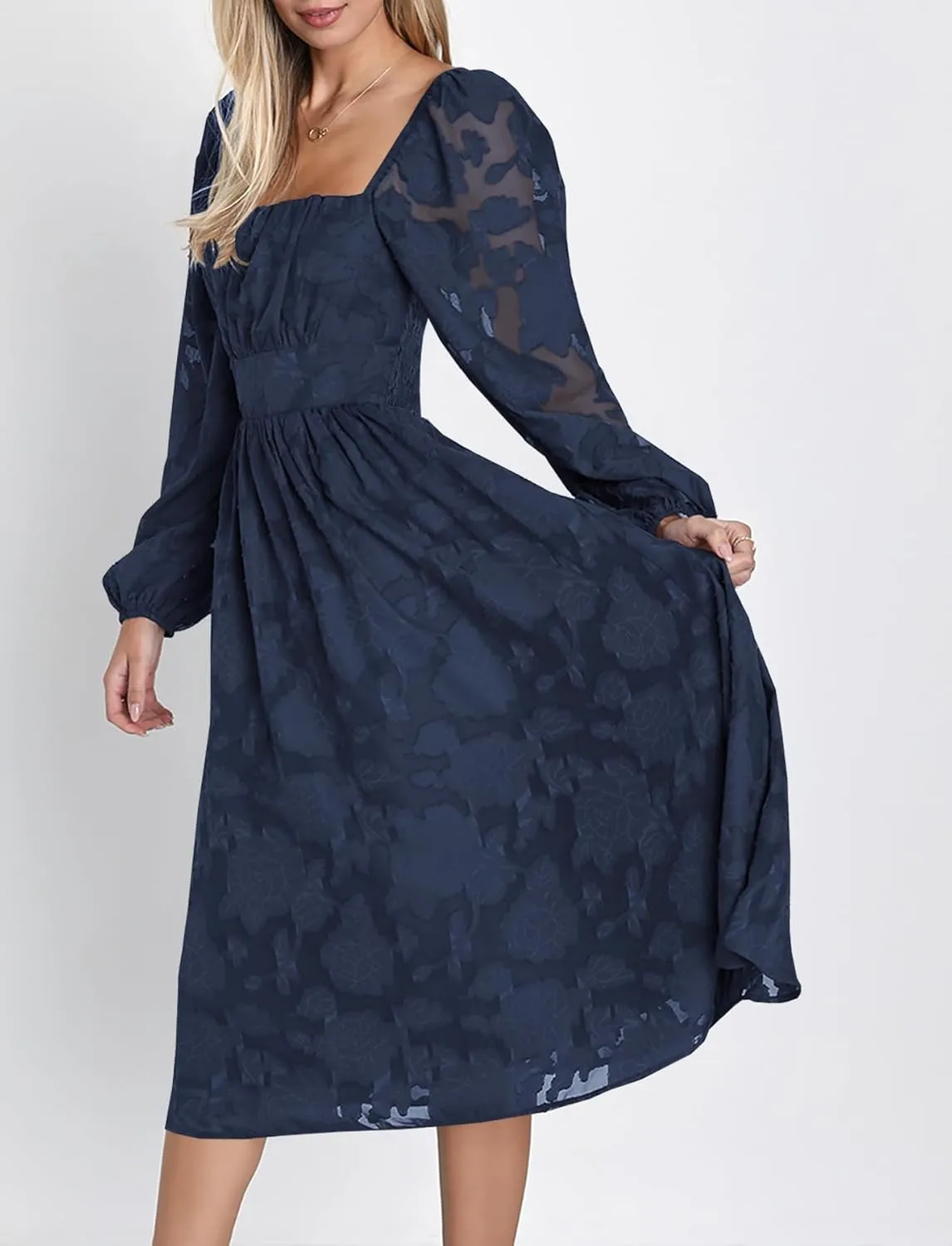 Ferlema Women's 2025 Flormal Dresses Floral Lace Long Sleeve Elastic High Waist A Line Flowy Party Midi Dress