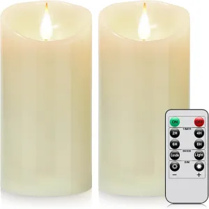 Flameless Battery Operated Flicking Candles:Remote Control Realistic Wax Pillar LED Candle with 10-Key Cycling 24 Hours Timer 2PACK(D3*H6'') for Home Decoration Wedding Birthday Party Ivory