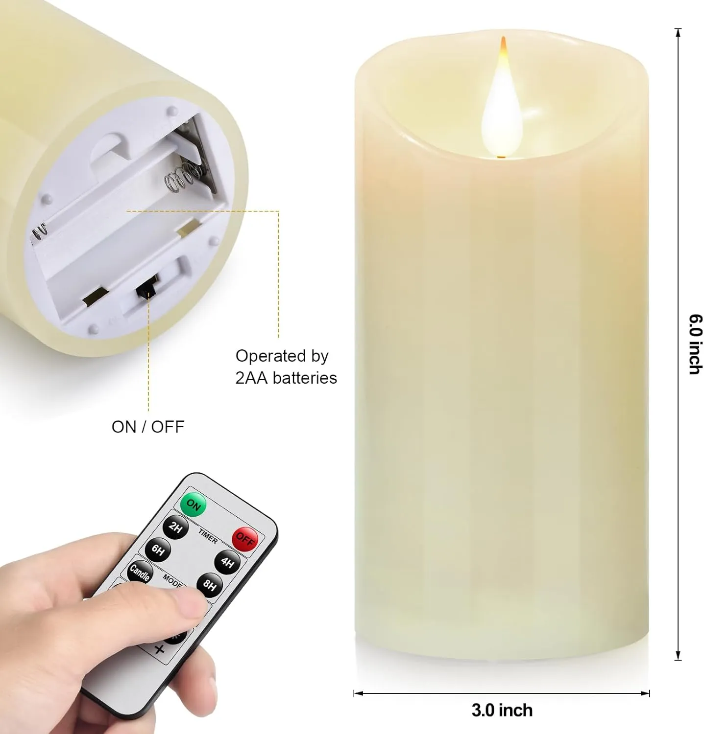 Flameless Battery Operated Flicking Candles:Remote Control Realistic Wax Pillar LED Candle with 10-Key Cycling 24 Hours Timer 2PACK(D3*H6'') for Home Decoration Wedding Birthday Party Ivory