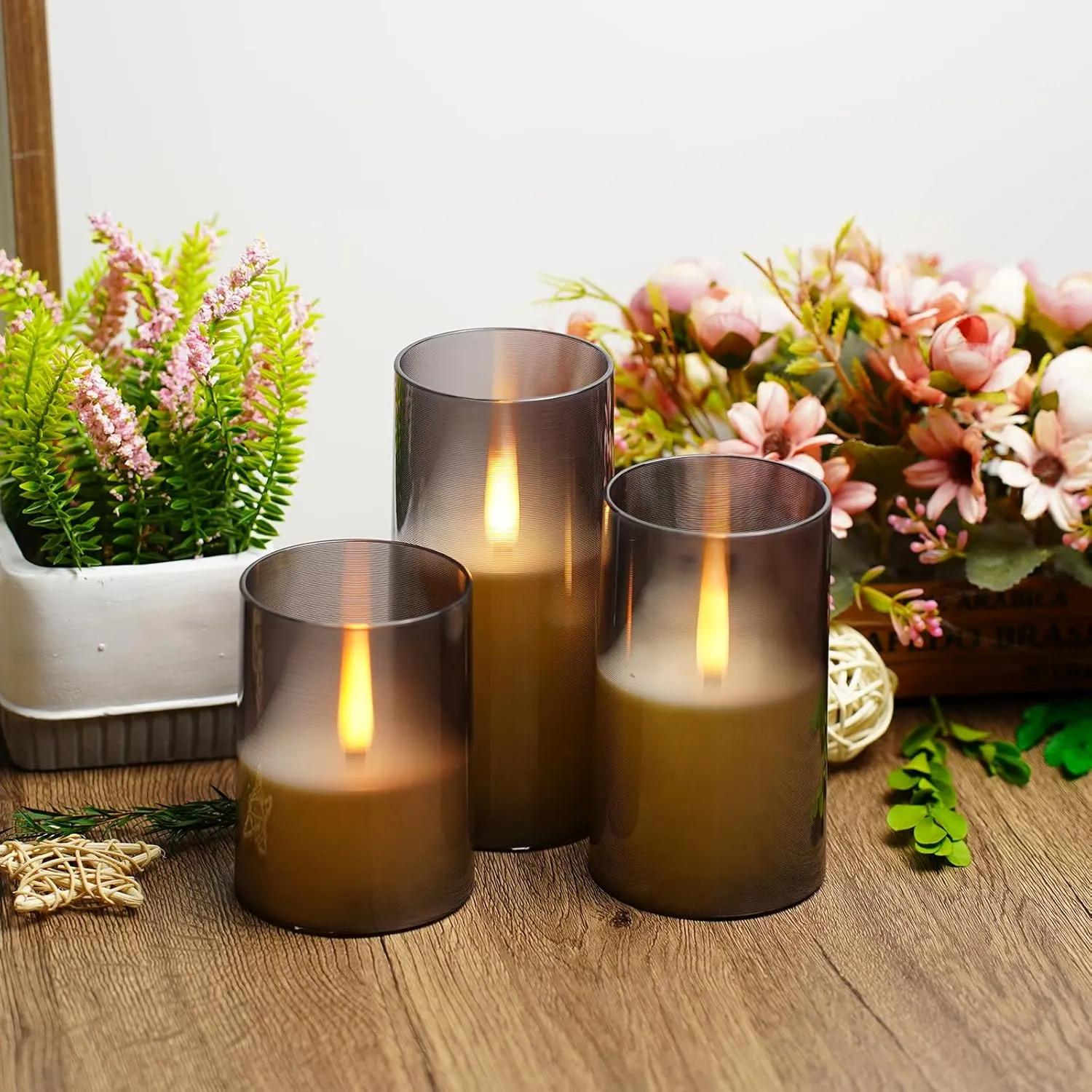 Flameless LED Candles, Upgraded Realistic Flickering Pillar Battery Operated Candles with Remote Timer, Acrylic Electric Set of 3 for Romantic Ambiance and Home Decoration（Grey）
