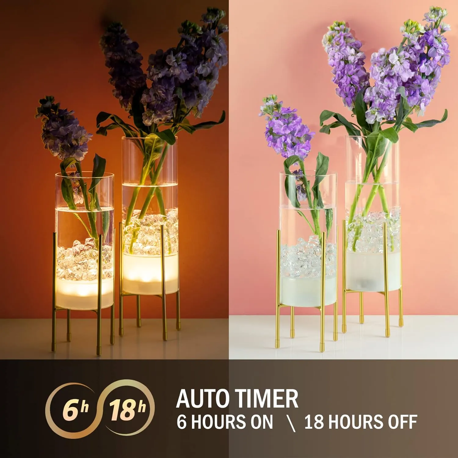 Flower Vase for Decor, Clear Vase with Gold Stand, Modern Decorative with Timer LED Lights Battery Operated, Centerpiece/Wedding/Party (Set of 2)