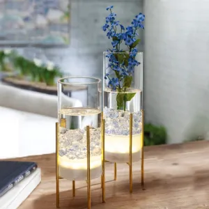 Flower Vase for Decor, Clear Vase with Gold Stand, Modern Decorative with Timer LED Lights Battery Operated, Centerpiece/Wedding/Party (Set of 2)