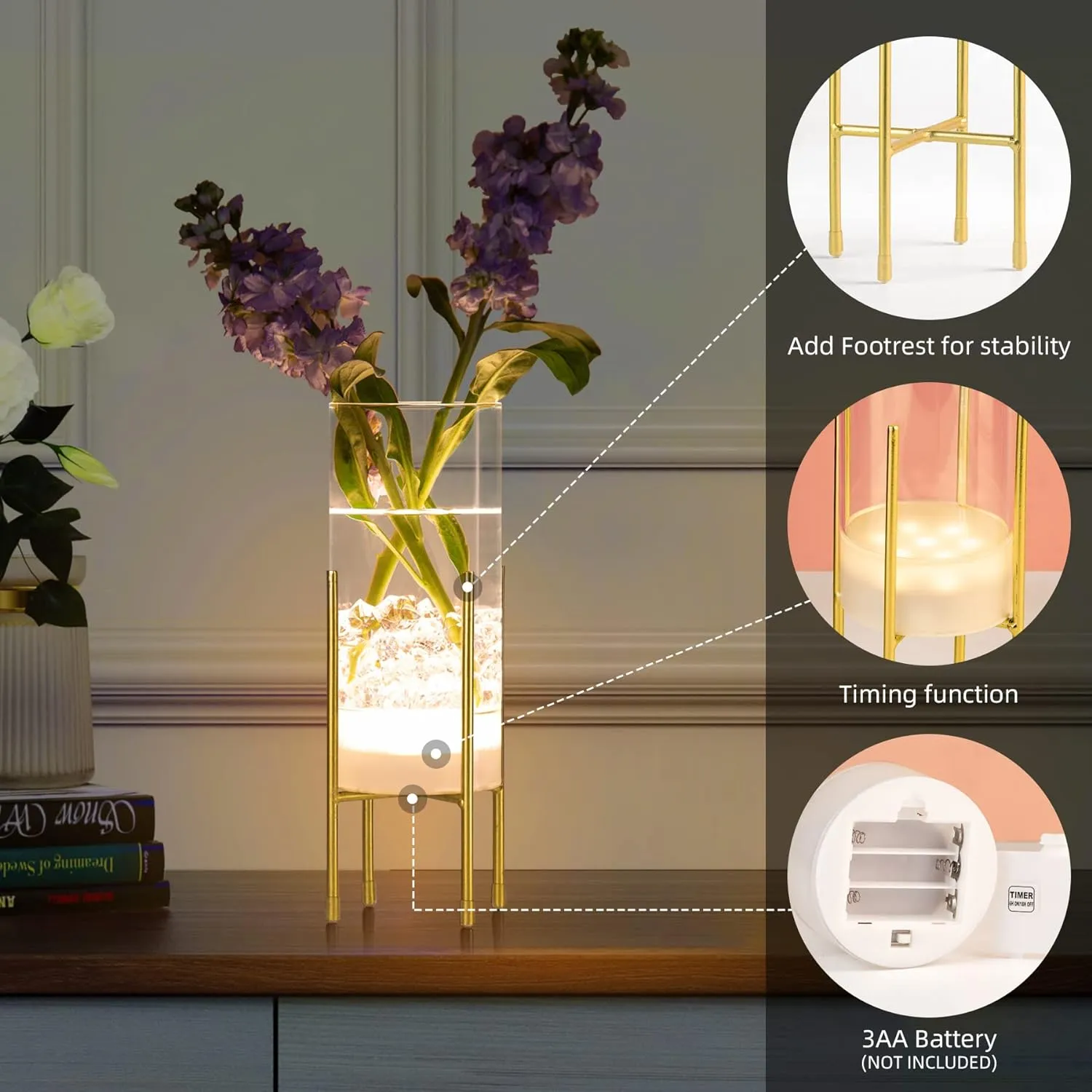 Flower Vase for Decor, Clear Vase with Gold Stand, Modern Decorative with Timer LED Lights Battery Operated, Centerpiece/Wedding/Party (Set of 2)
