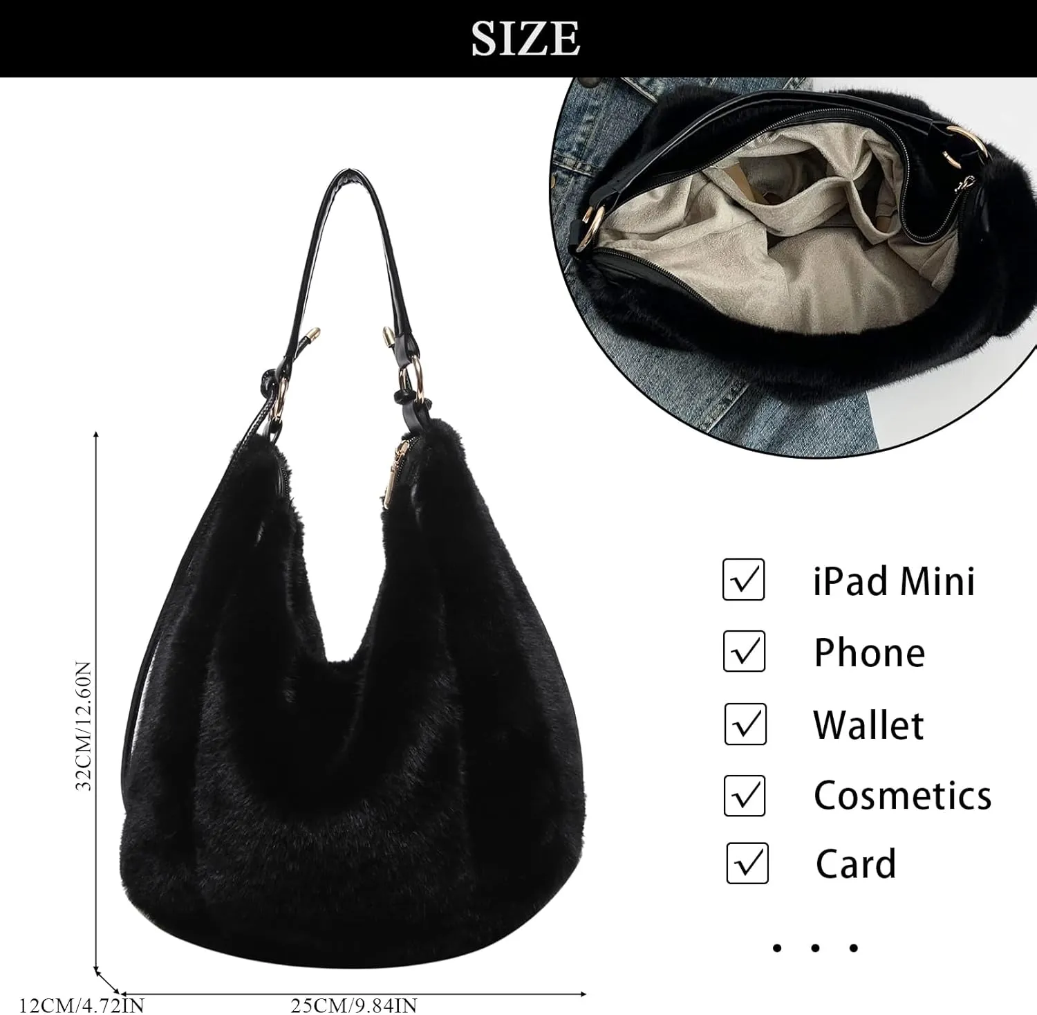 Fluffy Tote Bag, Winter Fuzzy Purses for Women Faux Fur Bag Soft Furry Shoulder Bag Crossbody Handbag Plush Tote Bag
