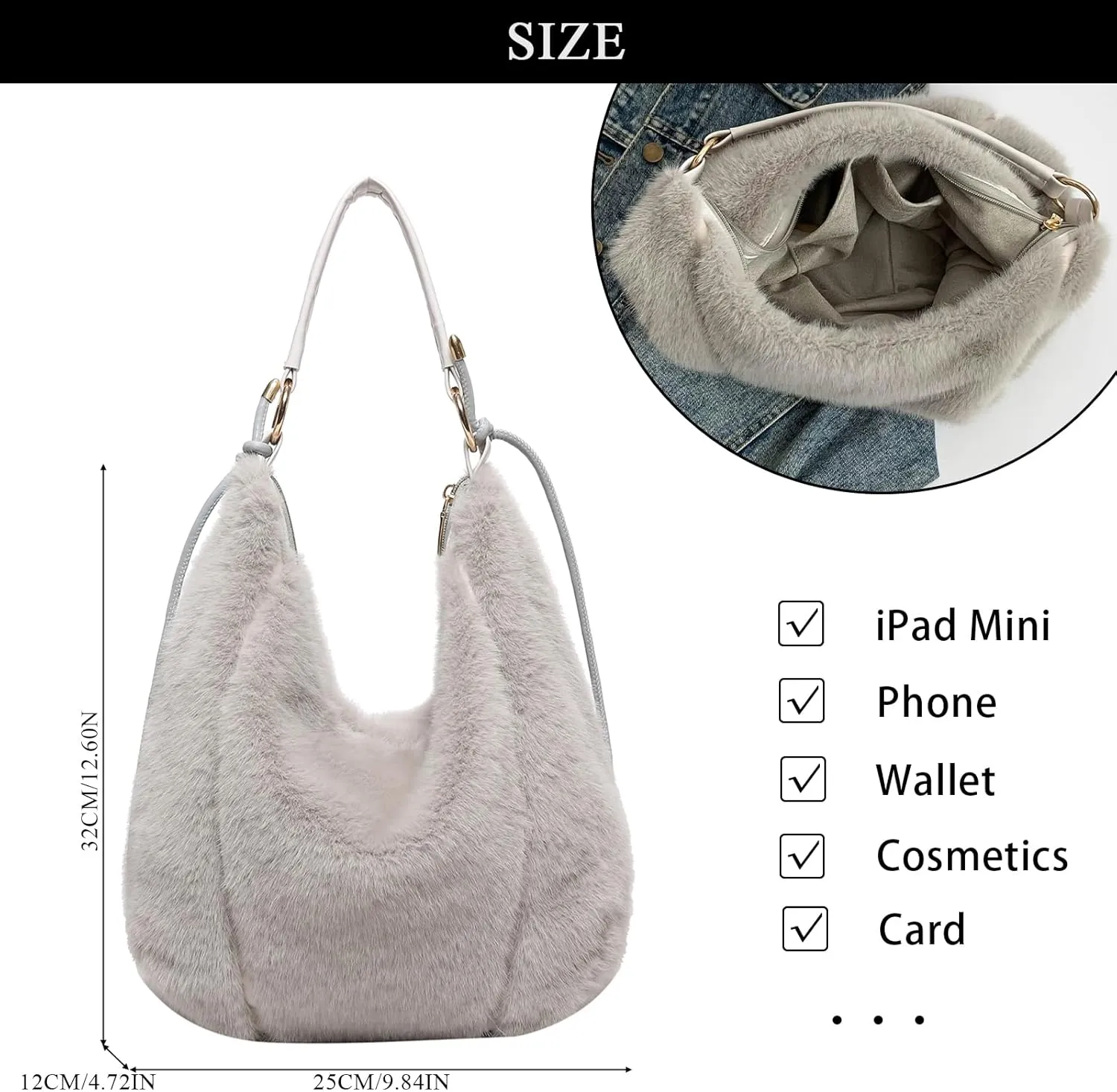 Fluffy Tote Bag, Winter Fuzzy Purses for Women Faux Fur Bag Soft Furry Shoulder Bag Crossbody Handbag Plush Tote Bag