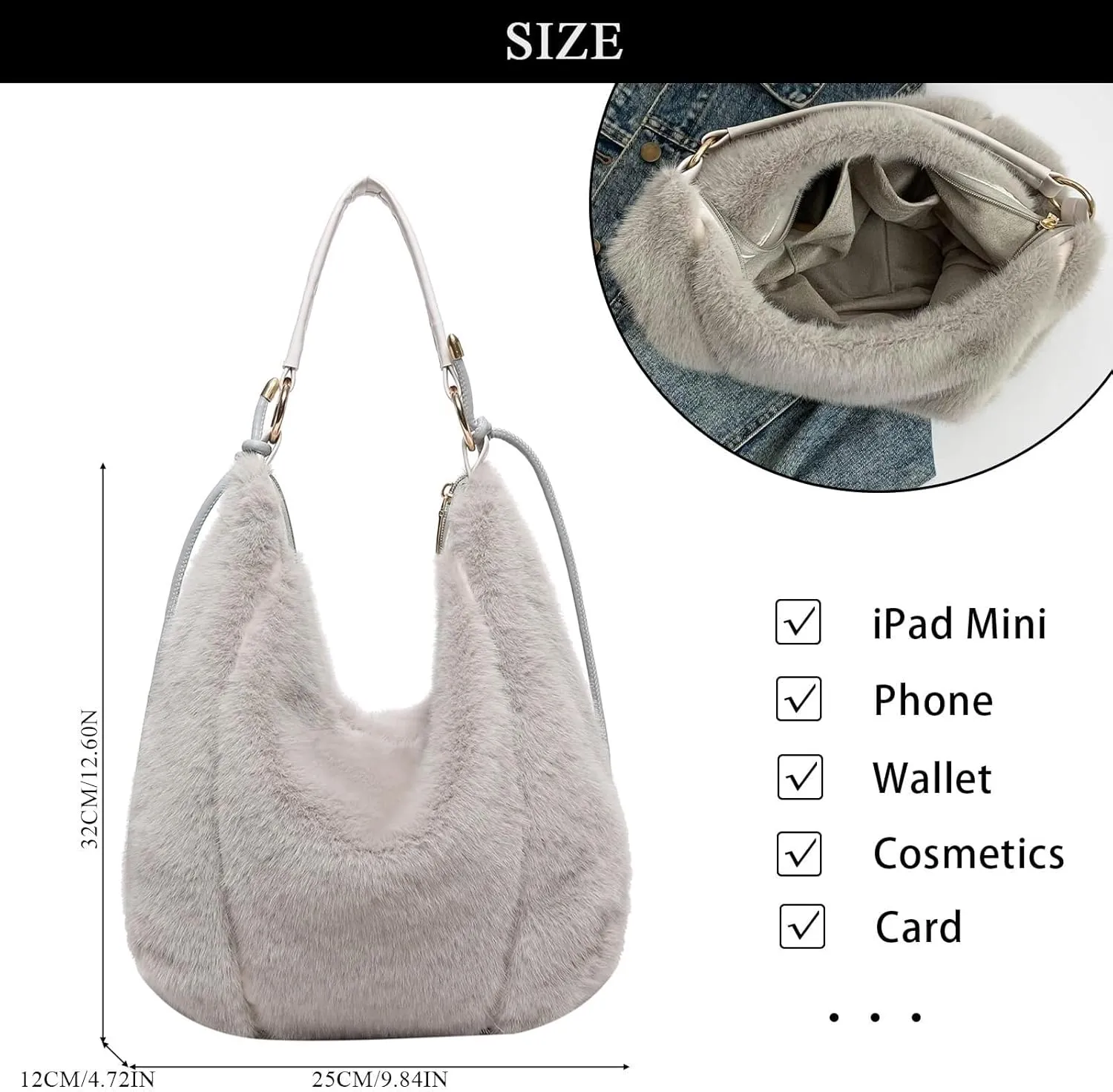 Fluffy Tote Bag, Winter Fuzzy Purses for Women Faux Fur Bag Soft Furry Shoulder Bag