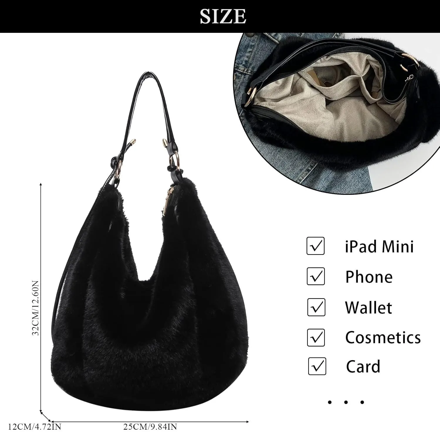 Fluffy Tote Bag, Winter Fuzzy Purses for Women Faux Fur Bag Soft Furry Shoulder Bag