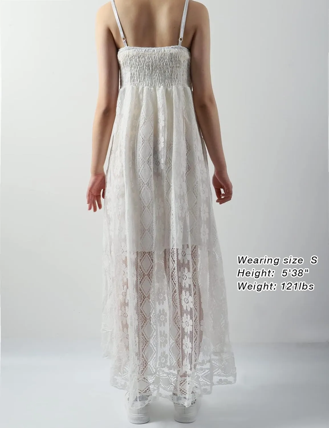 Flygo Womens Spaghetti Strap Maxi Dress V Neck Backless Crochet Lace Party Wedding Boho Dresses 2024 Summer
