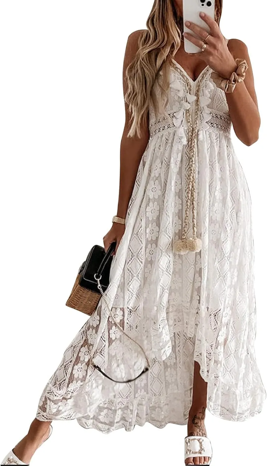 Flygo Womens Spaghetti Strap Maxi Dress V Neck Backless Crochet Lace Party Wedding Boho Dresses 2024 Summer