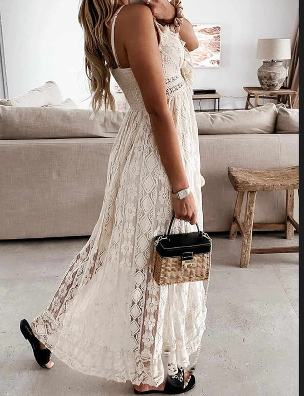 Flygo Womens Spaghetti Strap Maxi Dress V Neck Backless Crochet Lace Party Wedding Boho Dresses 2024 Summer