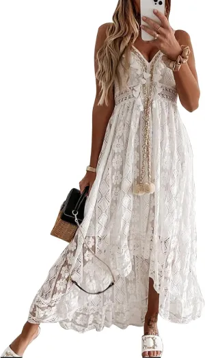 Flygo Womens Spaghetti Strap Maxi Dress V Neck Backless Crochet Lace Party Wedding Boho Dresses 2024 Summer