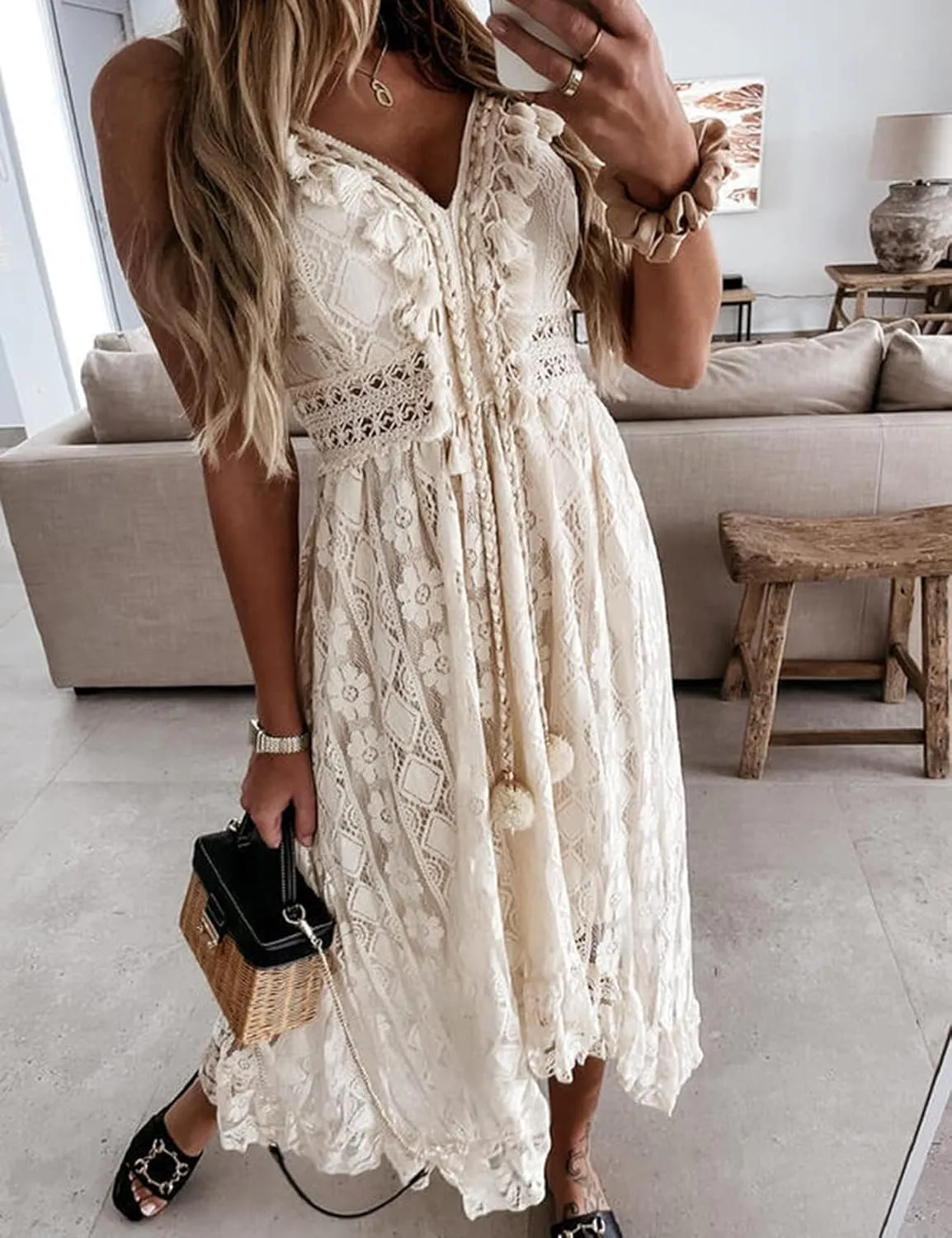 Flygo Womens Spaghetti Strap Maxi Dress V Neck Backless Crochet Lace Party Wedding Boho Dresses 2024 Summer