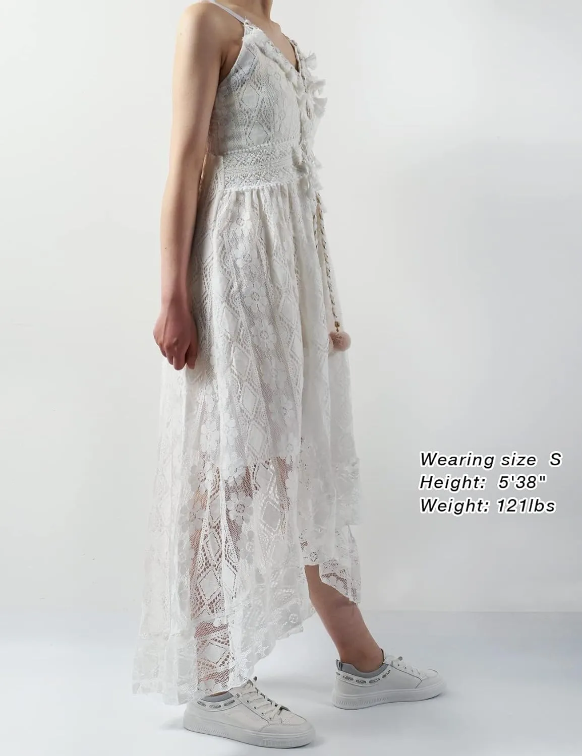 Flygo Womens Spaghetti Strap Maxi Dress V Neck Backless Crochet Lace Party Wedding Boho Dresses 2024 Summer