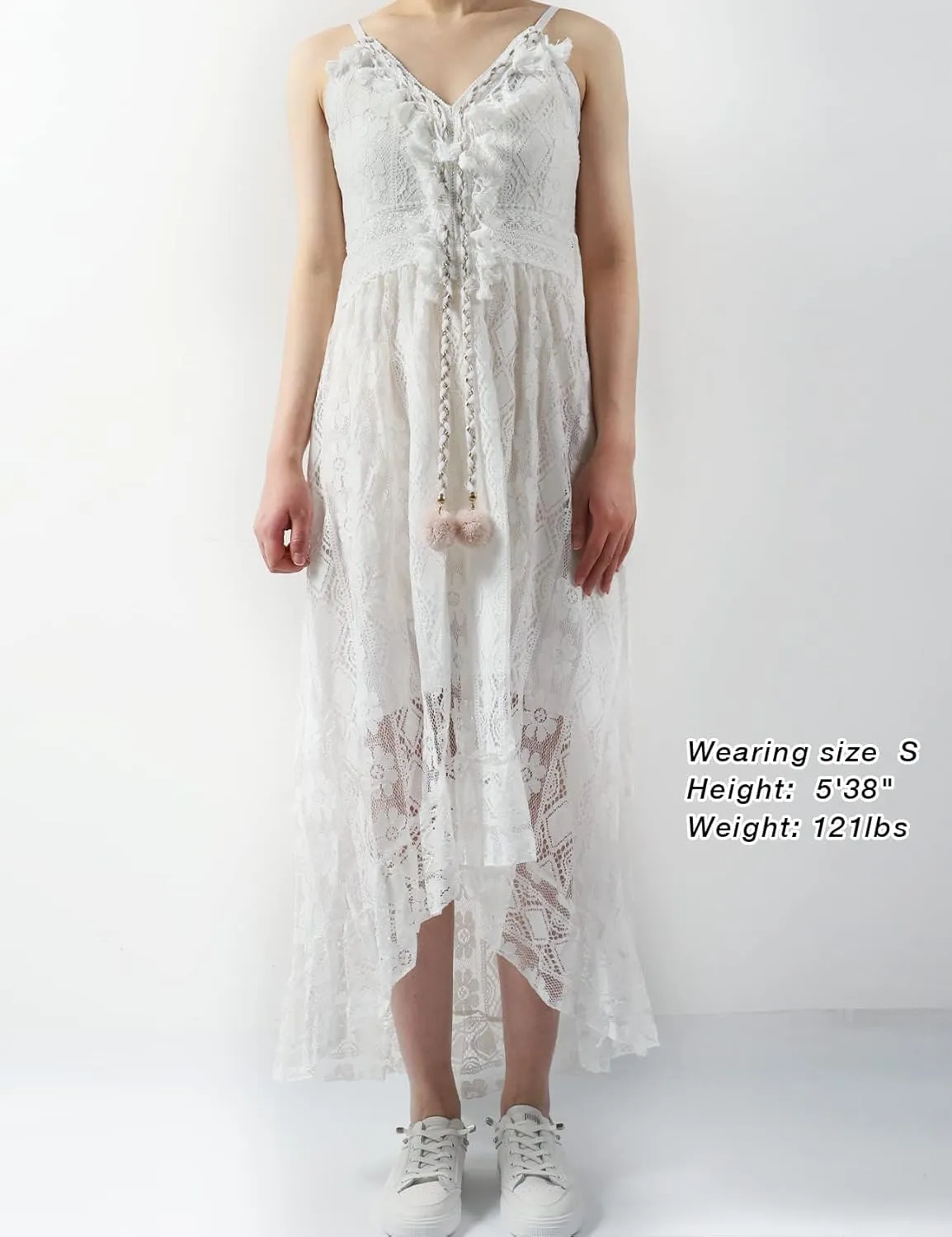 Flygo Womens Spaghetti Strap Maxi Dress V Neck Backless Crochet Lace Party Wedding Boho Dresses 2024 Summer