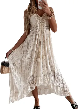 Flygo Womens Spaghetti Strap Maxi Dress V Neck Backless Crochet Lace Party Wedding Boho Dresses 2024 Summer